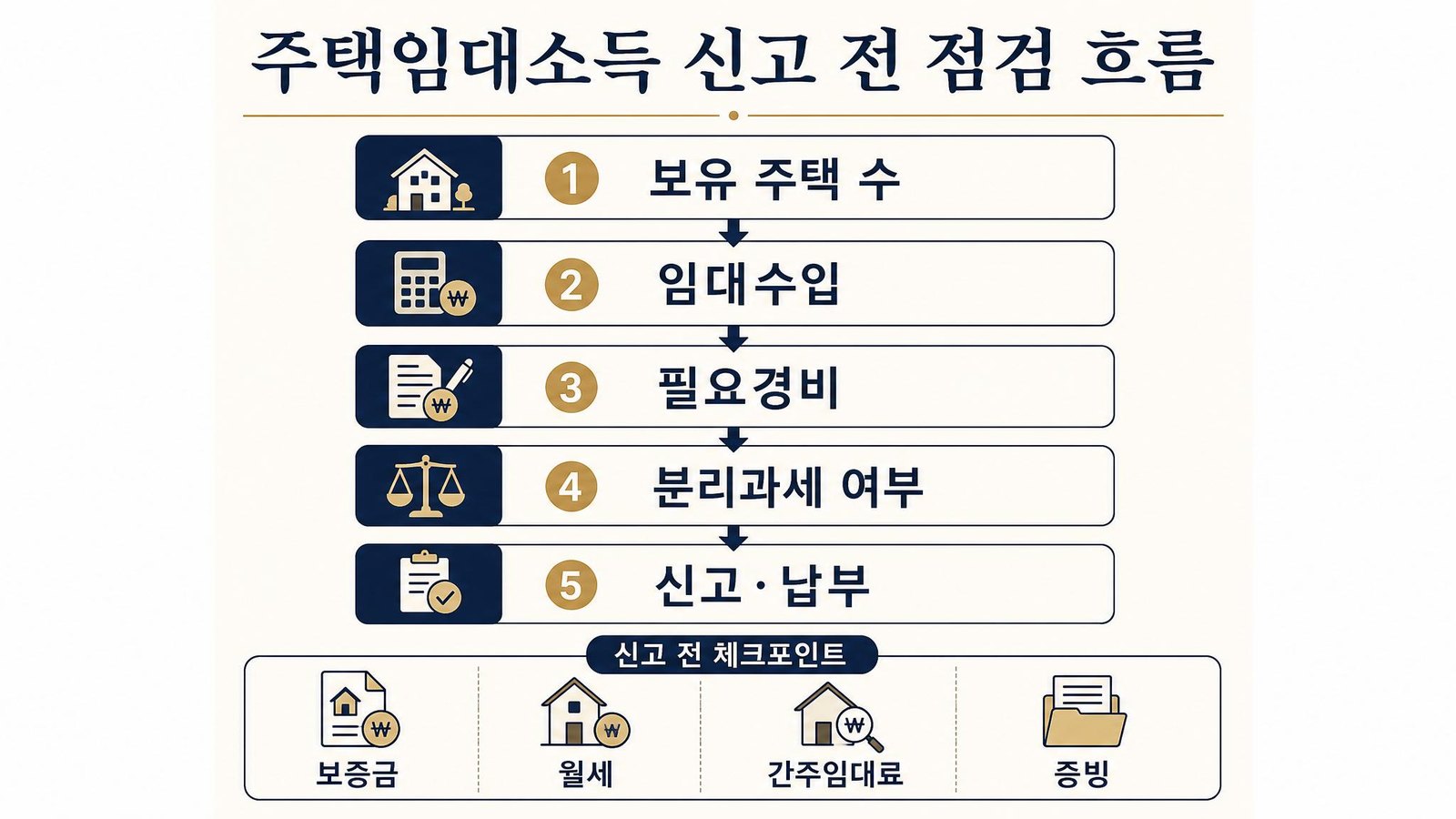 시각자료로 먼저 보는 주택임대소득 신고 전 점검 흐름 인포그래픽