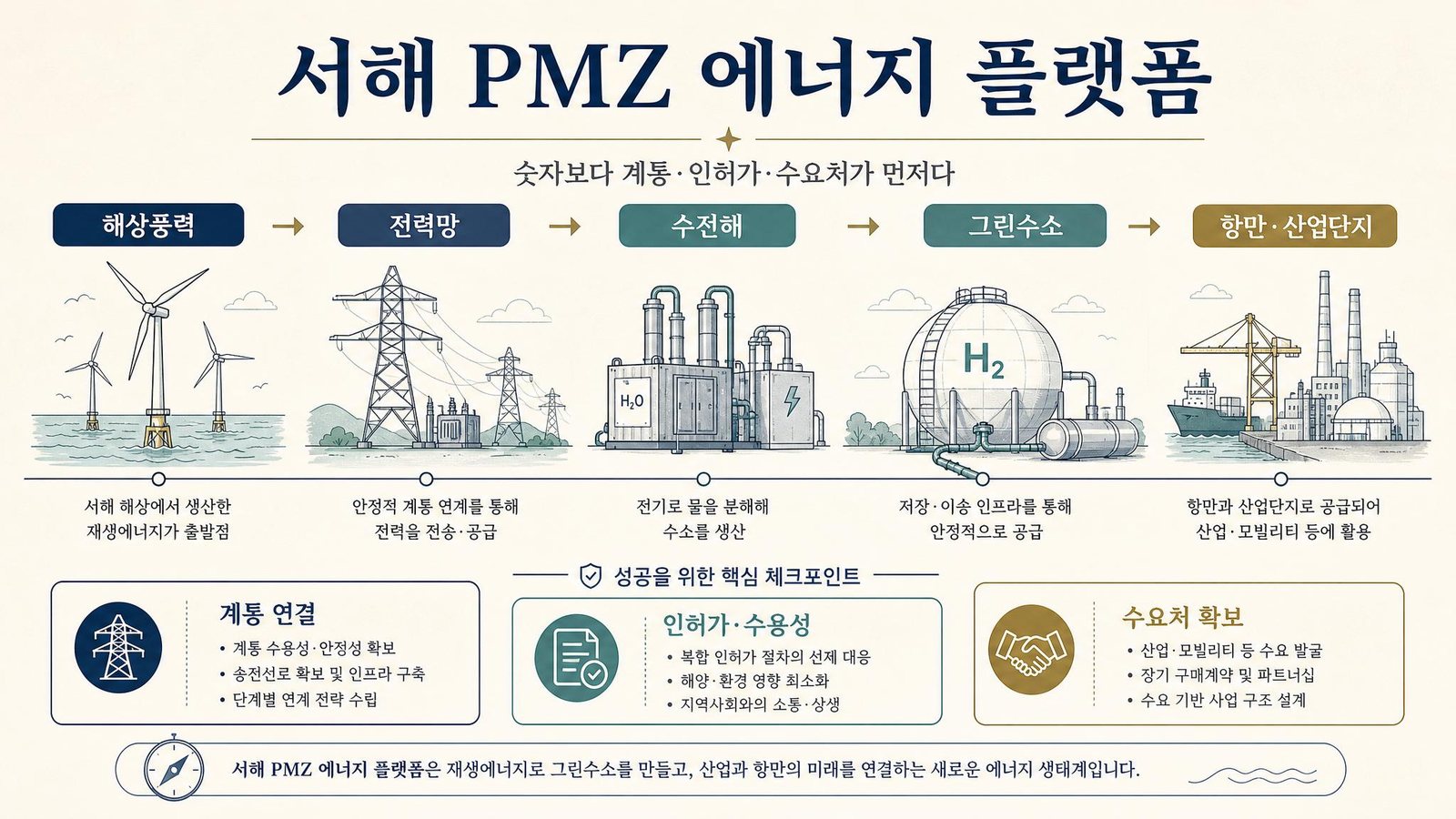 서해 PMZ 해상풍력과 그린수소 에너지 플랫폼 인포그래픽